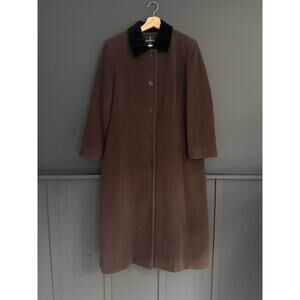 Vintage London Fog Dark Chocolate Brown Black Velvet Collar Long Peacoat Size 8P